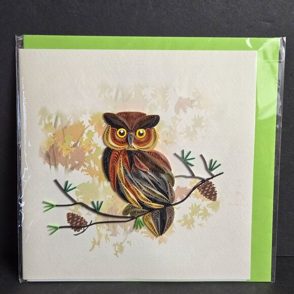 YoderDo Quilling Handmade Greeting Card 3D Owl On A Pine Branch Art Design 6x6" - Picture 1 of 6